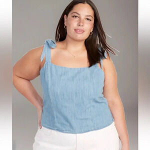 NWT Old Navy Sz 3X Cropped Fitted Tie Shoulder Corset Denim Cami Top Smocked